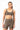 A woman modeling a matching athletic set consisting of a cropped sports bra and high-waisted biker shorts in a solid taupe-brown color, shot against a clean white background.